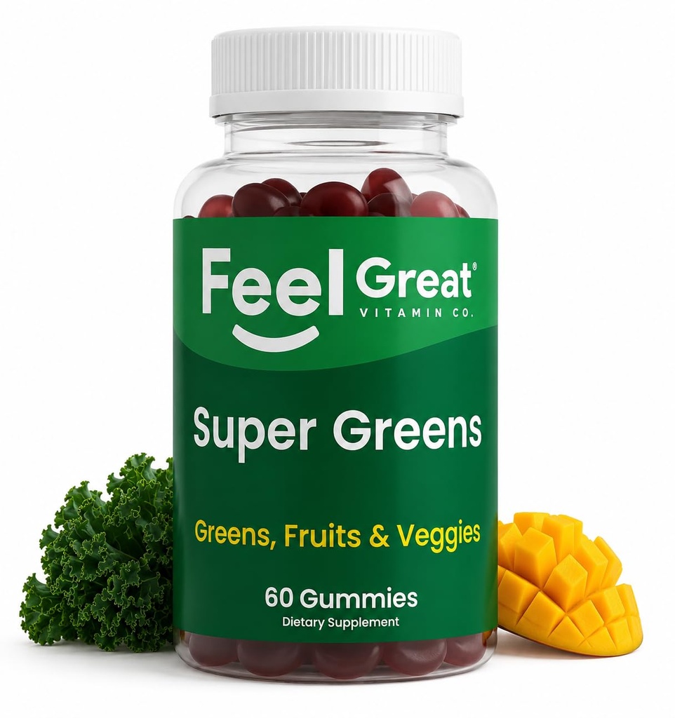 Super Greens Gummies - Green Superfoods Supplement mit Spinat, Broccoli, Kale, Beet Root, Elderberry für Immunität Unterstützung - Obst und Gemüse Beilage - Wassermelone Flavor, 60 Gummies