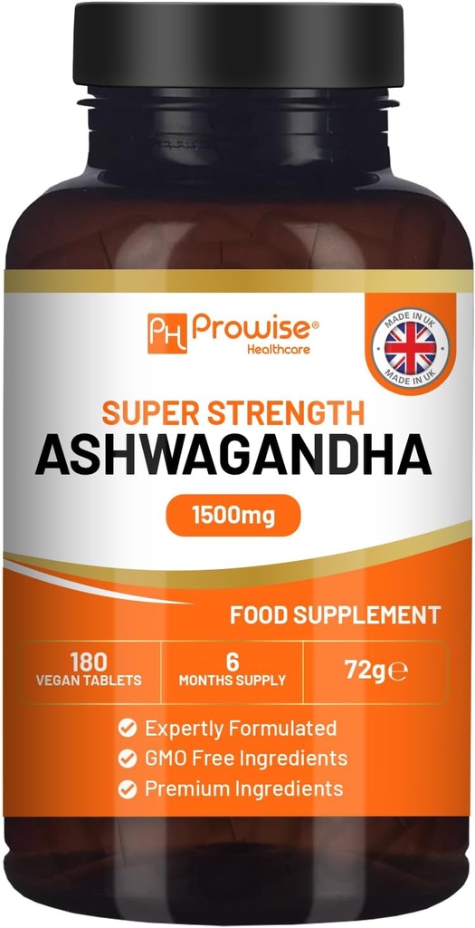 Ashwagandha 1500mg 180 Vegan Tabletten | 6 Monate Versorgung | Reine hohe Stärke Ashwagandha Root Extract | Made in UK von Prowise Healthcare