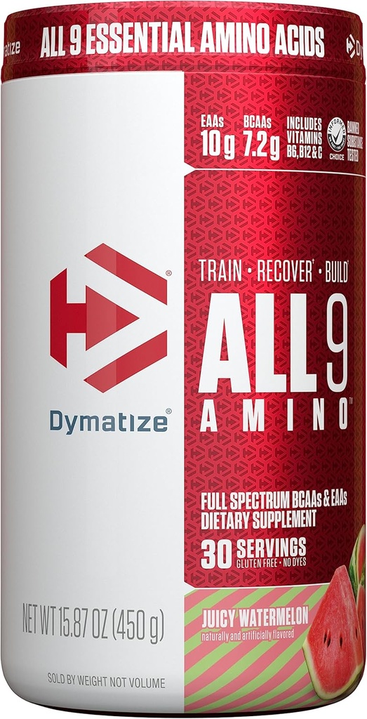 Dymatize All9 Amino, 7,2g de BCAA, 10g d'acides aminés essentiels au plein spectre par service pour la récupération et la synthèse optimale des protéines musculaires, pastèque juteuse, 30 portions, 15.87 Ounce