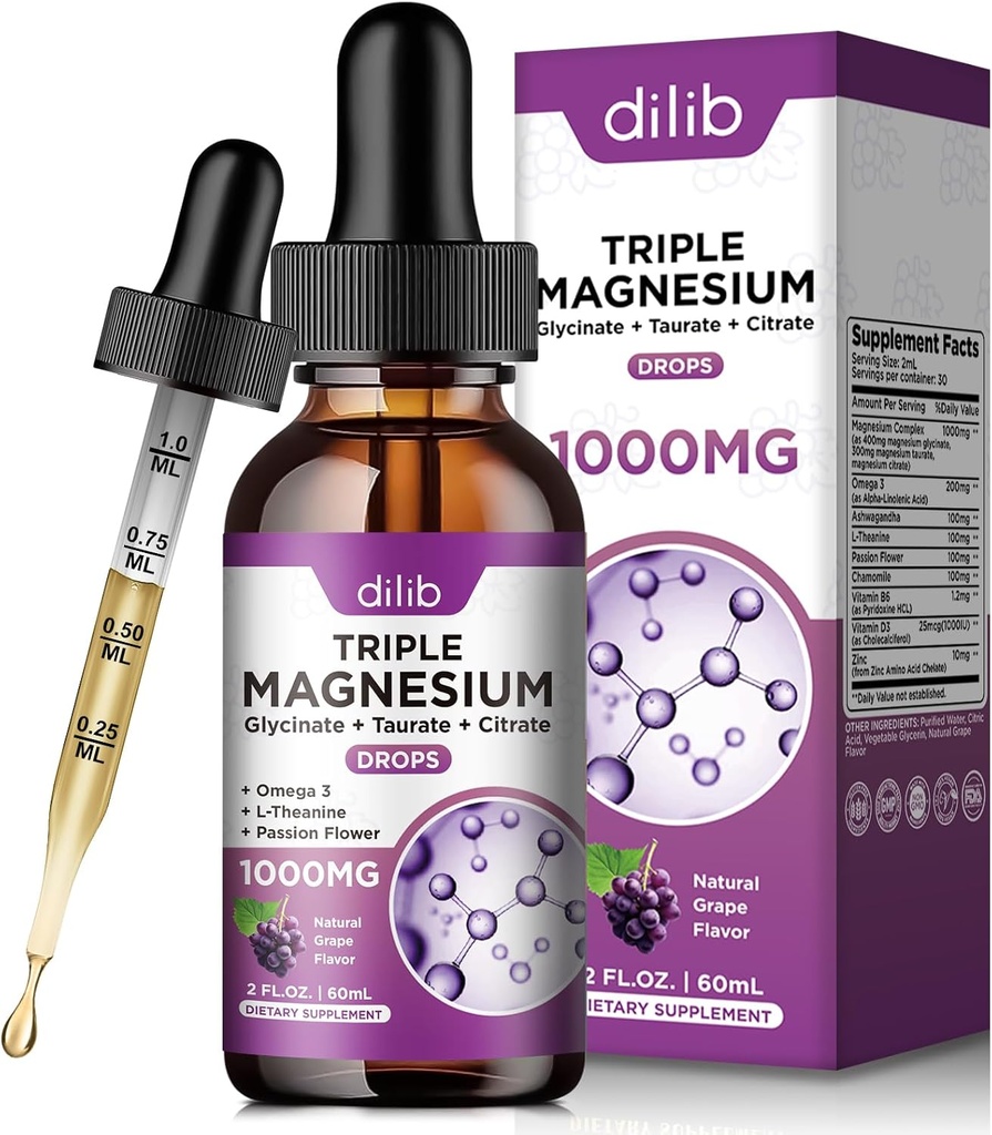 Glycinat de magnésium gouttes liquides avec citrate de taurate - Supplément de mangesium pour le sommeil, le stress, os, Muscle - 2 Fl Oz, végétalien, arômes de raisin