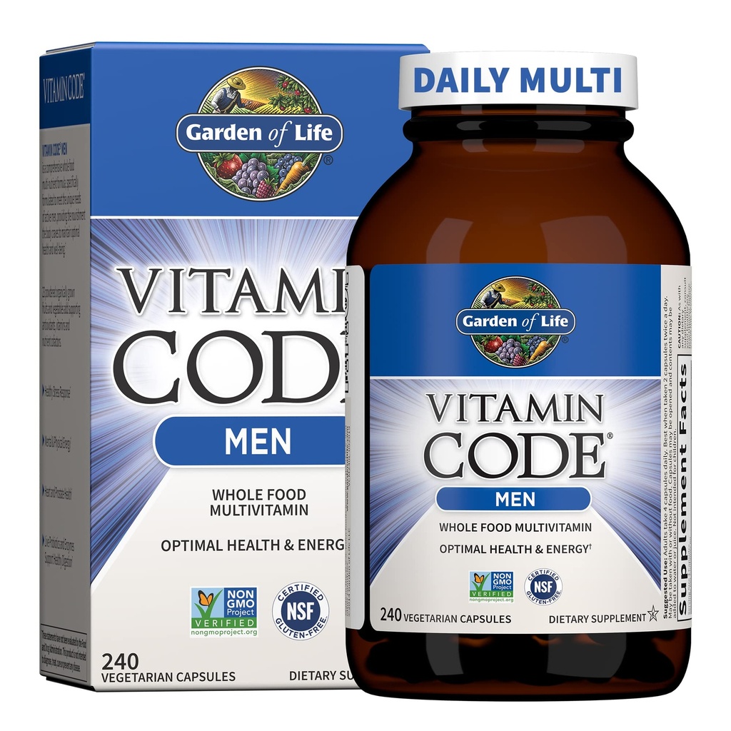 Jardin de la vie Vitamine Code Multivitamine pour les hommes - 240 Capsules, Vitamines pour les hommes, Mélange de légumes de fruits et probiotiques pour l'énergie, le cœur, la santé de la prostate, Multivitamines pour les hommes végétariens