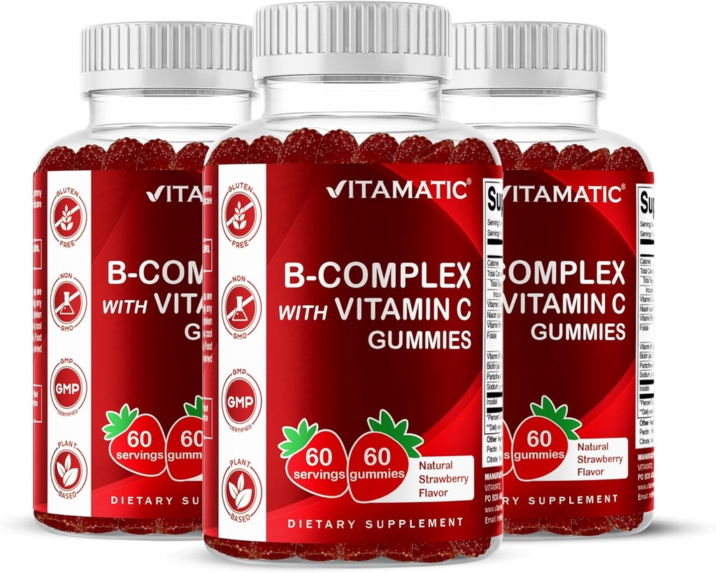 Vitamatic Vitamin B Complex Gummis mit Vitamin C & Inositol - Natürliche Erdbeer Flavor - 60 Gummi (3 Flaschen)