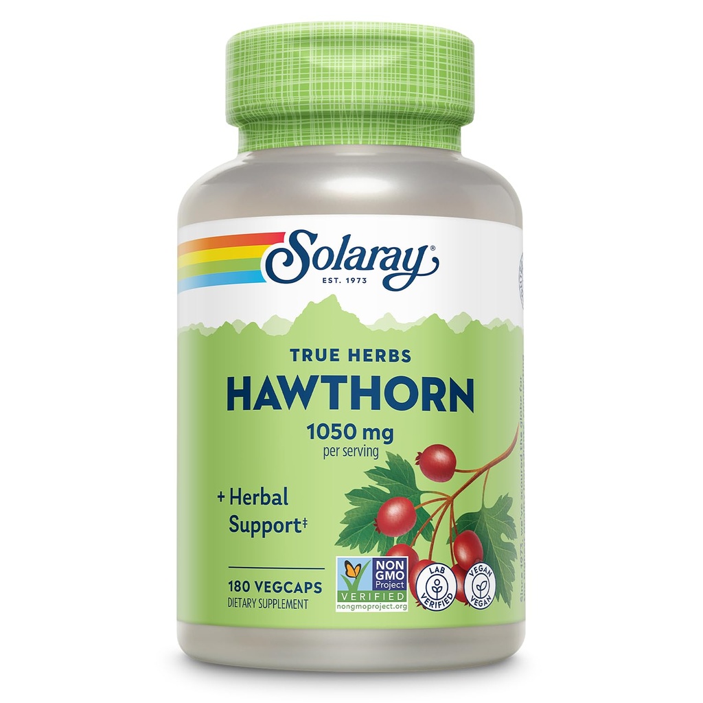 SOLARAY Hawthorn Berry Capsules 1050 mg - beruhigende Kräuterunterstützung - Hawthorne Berry Supplement für allgemeine Wellness-Unterstützung - Ganze Berry, Vegan, Non-GMO, 60 Tage Garantie, 90 Servierungen, 180 VegCaps
