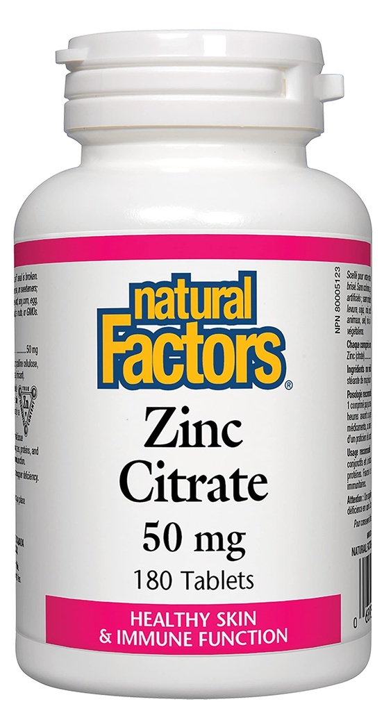 Natürliche Faktoren - Zink Citrat 50mg, Unterstützung für gesunde Haut und Immunfunktion, 180 Tabletten