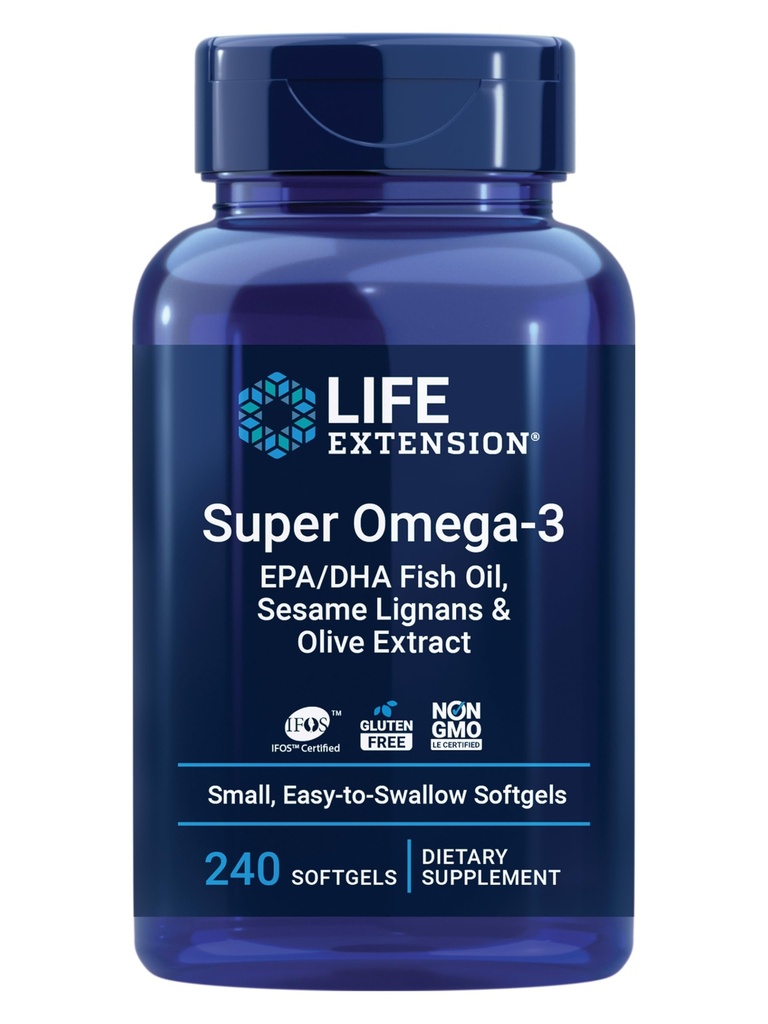 Extension de vie Super Omega-3 EPA/DHA Huile de poisson, sésame Lignans & extrait d'olive – Santé du coeur, Santé du cerveau, Inflammation Soutien de santé, Sans gluten, Facile à avaler, Non-OGM, 240 Softgels