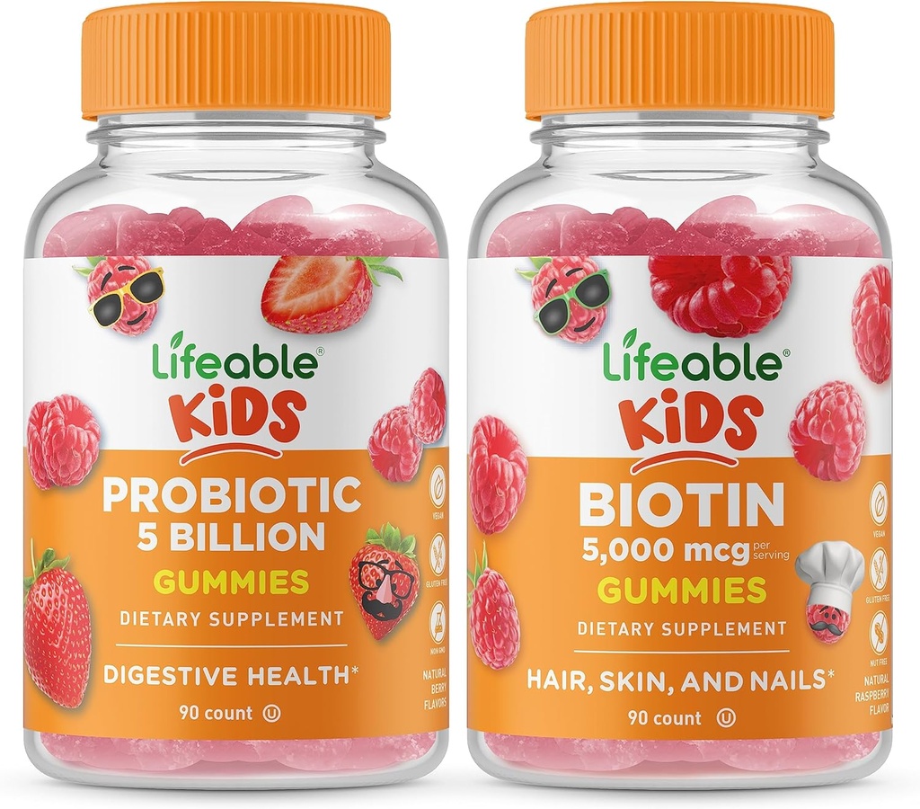 Lifeable Probiotics 5 Billion Kids + Biotin Kids, Gummis Bundle - Große Verkostung, Vitamin-Ergänzung, Glutenfrei, GMO frei, Kaugummi