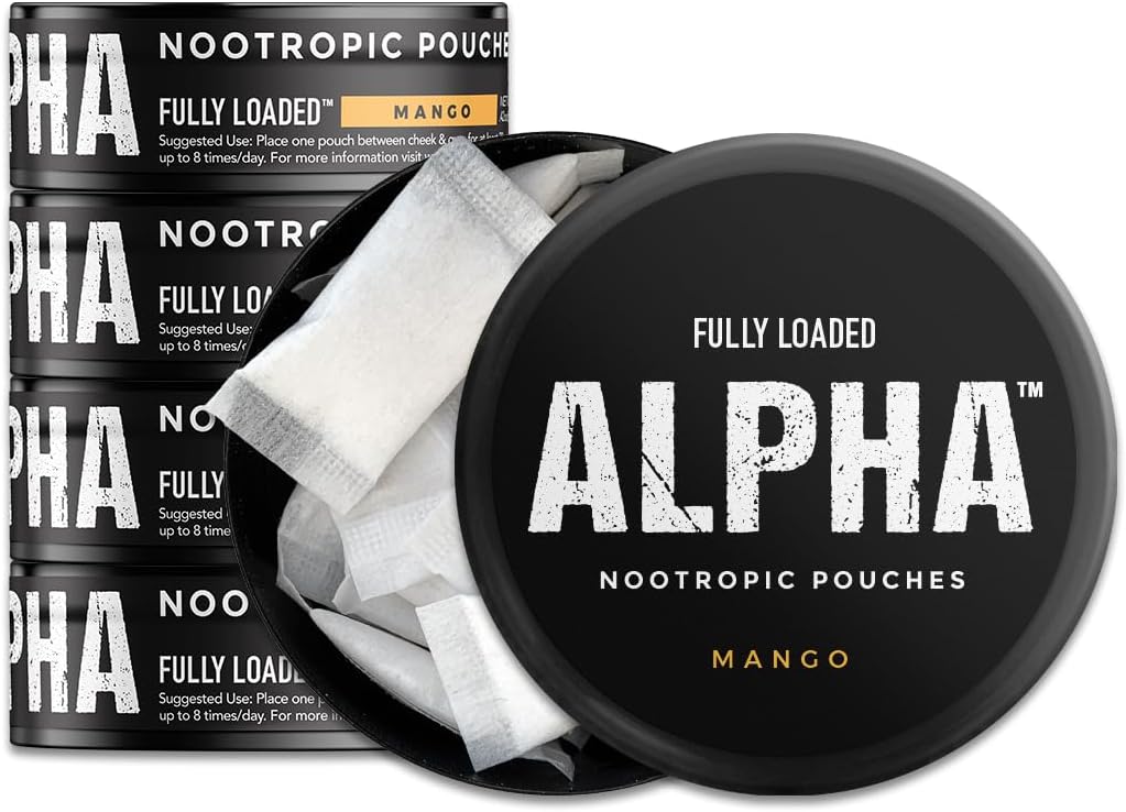 Voll geladen Alpha Nootropic Pouches (Mango) - 5 Dosen - 15 Beutel pro Dose -Effective Nootropic Delivery, Nic Pouch Ersatz - Schnellere Absorption, Alpha GPC, L-Tyrosine, GABA