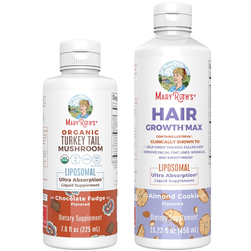 MaryRuth Organics Turkey Tail Mushroom Liposomal (Fudge chocolaté) & Croissance des cheveux MAX (Cookie à l'amande)