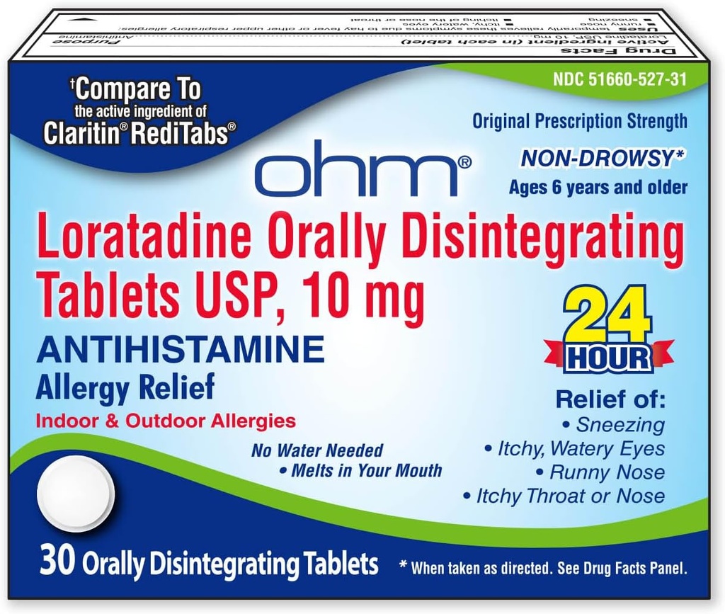Ohm Loratadine 10 mg Allergy Medicine - Non Drowsy Allergy Relief, 24 Hour Antihistamine, Orally Disintegrating Tablets, effektives Relief, für Alter 6 und bis 30 Count