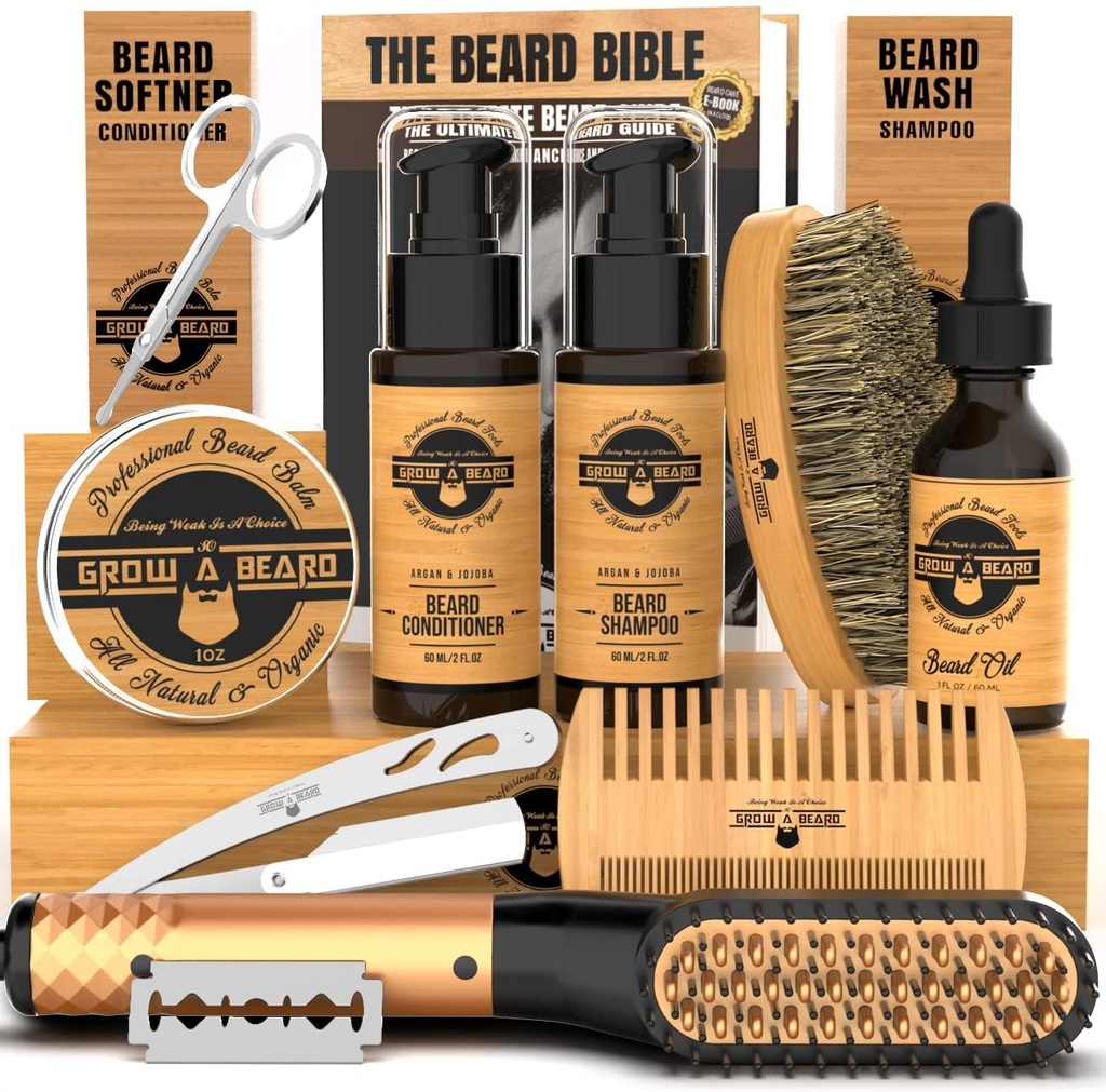 Bart Straightener Grooming Kit für Herren, Bart Growth Kit, Wash, Brush & Comb, Unscented Growth Oil, All Natural Chanel Balm, Conditioner, Razor & Scissors, Große Geschenkidee für Herren (Bamboo)