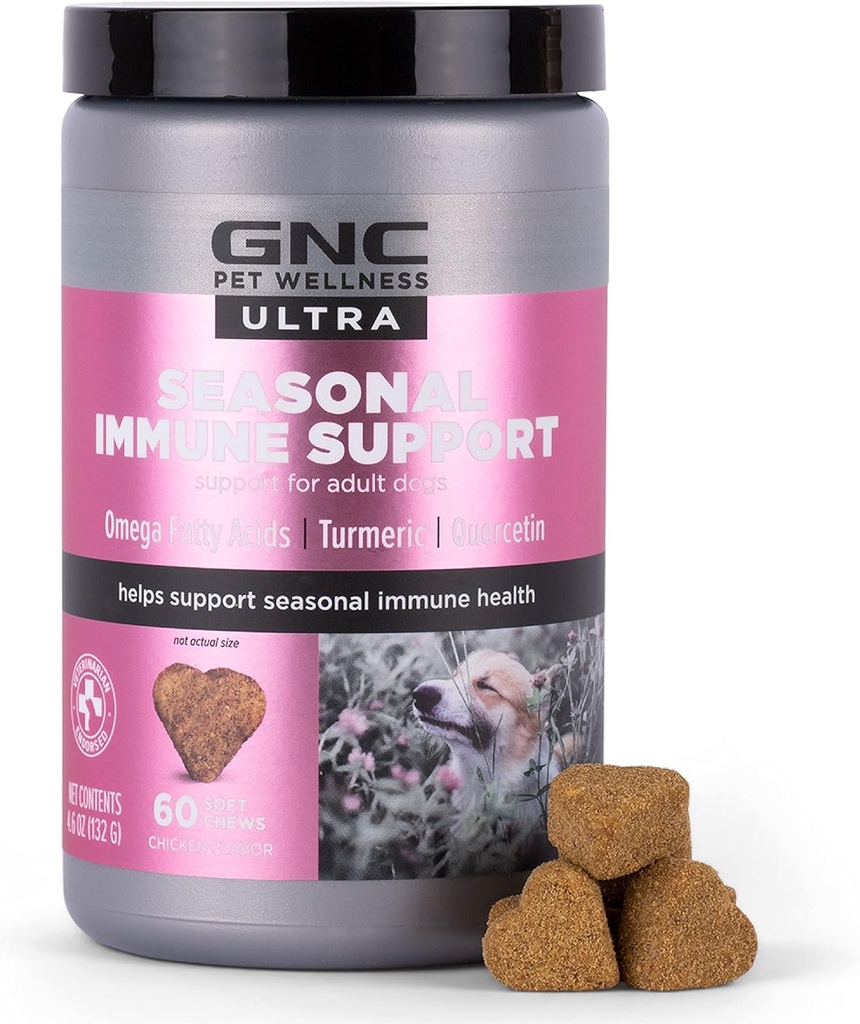GNC Pets Ultra Seasonal Immune Support Soft Dog Chews in Chicken Flavor, Immune Booster for Dogs Includes Omega Fatty Acids, Turmeric, and Quercetin, 60 Count
