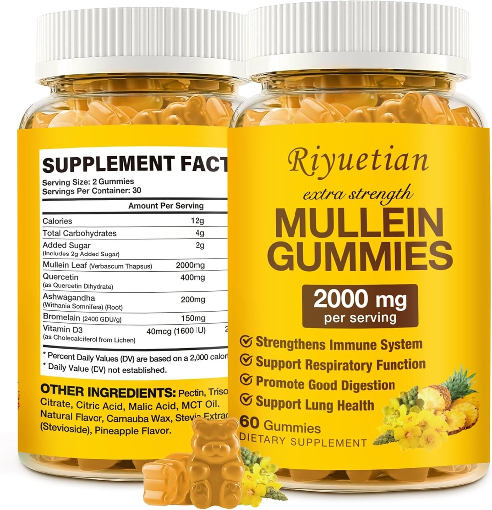 Mullein Gummies, 2000mg Bio Mullein Blatt Extrakt für klare Lunge, Boost Respiratory & Digestive, Immun Booster für Erwachsene & Kinder, Allergikerfreundlich, Non-GMO, 60 Gummi