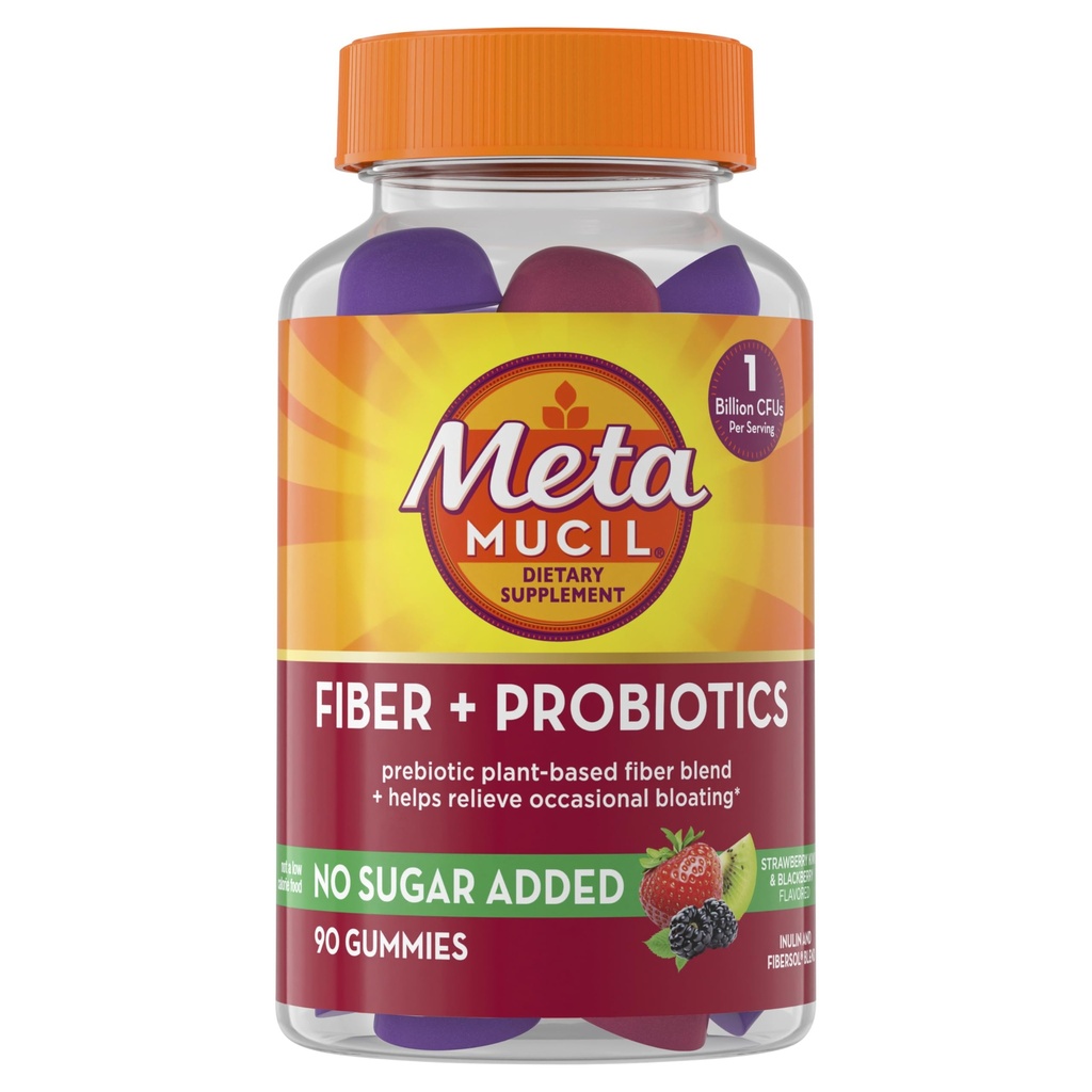 Metamucil Fiber Gummis für Erwachsene mit Probiotika für Bloating Relief, kein Zucker hinzugefügt Erdbeer Kiwi BlackBerry Flavors, 5g Prebiotic Plant Based Fiber Supplement Blend, 90 Count