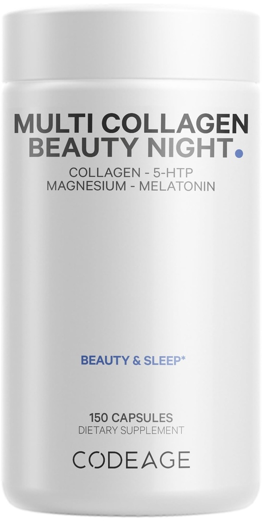 Codeage Multi Collagène Protein Beauty Night - Mélatonine, Magnésium Bisglycinate, 5-HTP, L-Theanine, Fleur de Lavande Anglaise, Broth Osé - Vitamines - Supplément - Pills de Sommeil - Non-OGM - 150 Capsules