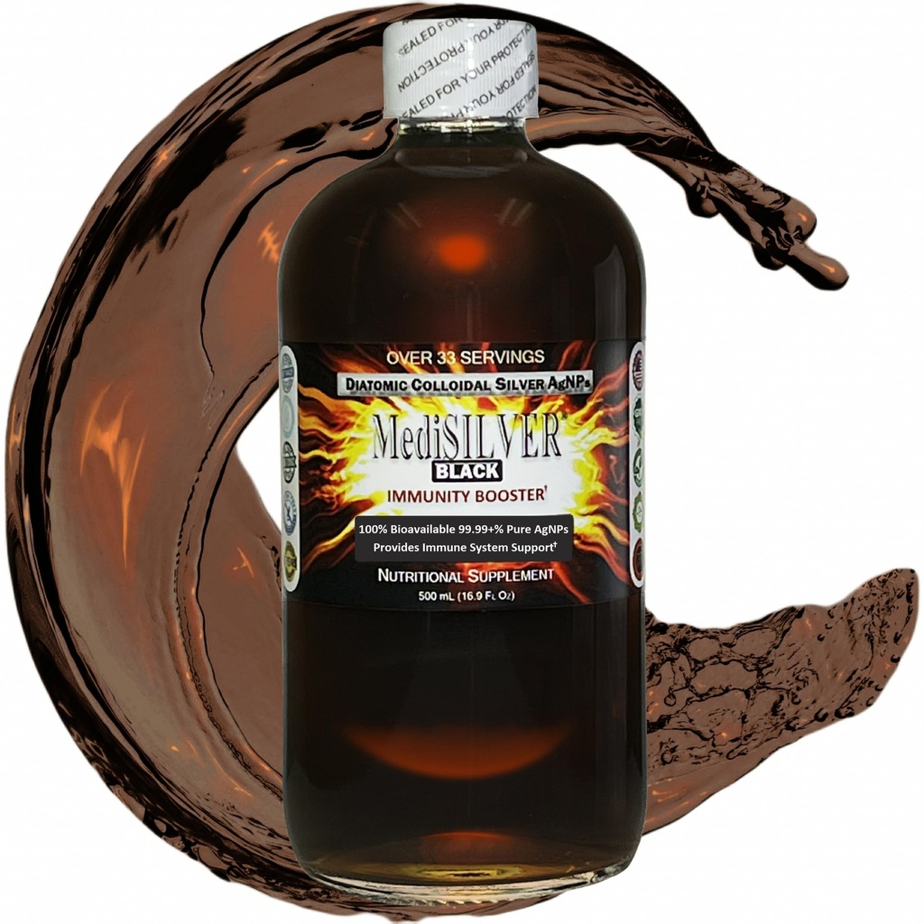 MediSILVER Noir Immunity Booster Diatomic True Colloïdal Argent AgNP Nutrient - 500 mL dans une bouteille en verre transparent