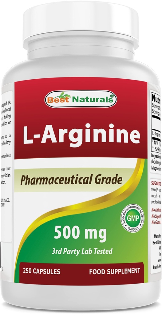 Best Naturals L-Arginin 500mg 250 Kapseln - Pharmazeutische Klasse L Arginin Ergänzung fördert Stickstoffmonoxidsynthese