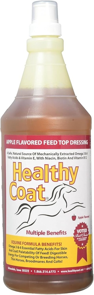 Supplément Cheval de Coat Santé 32 oz – Top-Dress All-Natural Omega 3 & 6 Nourriture pour Coat Shiny, Peau saine, Hooves & Joints – Fortifié avec Biotine, B12, Lécithine & Vitamine E – Arôme de pomme