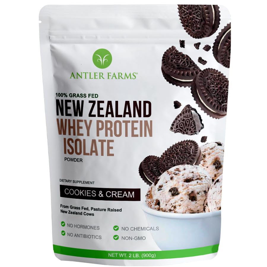 Geweihfarmen - 100% Gras Fed Neuseeland Whey Protein Isolate, Cookies & Cream Flavor, 2 lbs - Rein und sauber, 5 Zutaten, Kalt verarbeitet