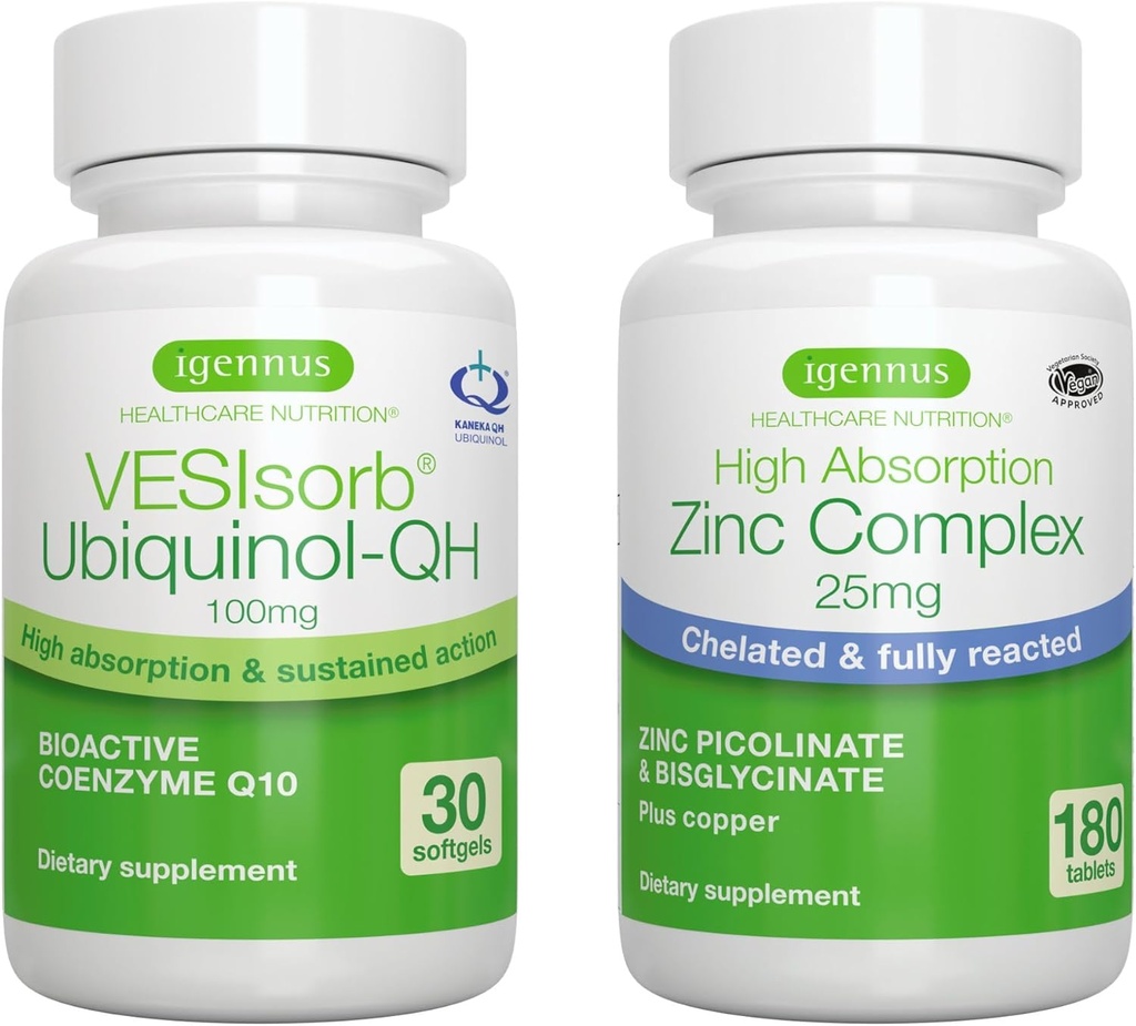 VESIsorb Ubiquinol-QH + Zink Complex Bundle für Fruchtbarkeit, Fast-Acting Advanced CoQ10 100mg + 25mg Chelat Zinc, von Igennus