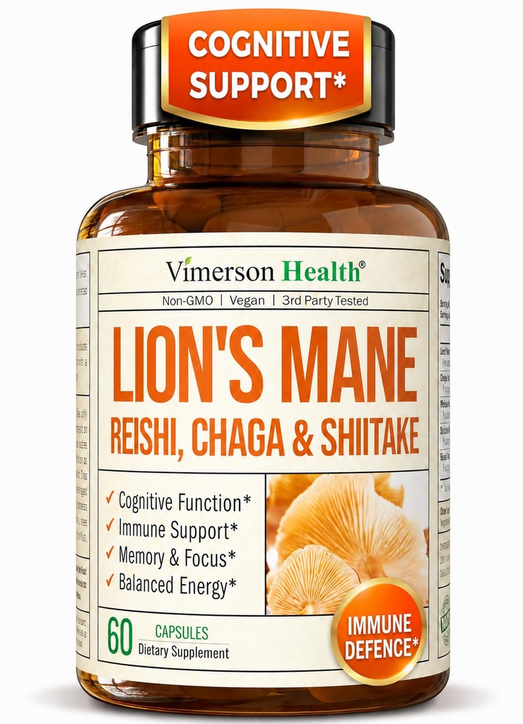 Lions Mane Supplement Kapseln - Pilz-Pulver-Mischung mit Lions-Mane-Pulver, Türkei-Tail, Shiitake Pilze & More. Fokus & Energie-Ergänzungen für Mood & Immununterstützung. Non-GMO. 60 Vegan Kapseln