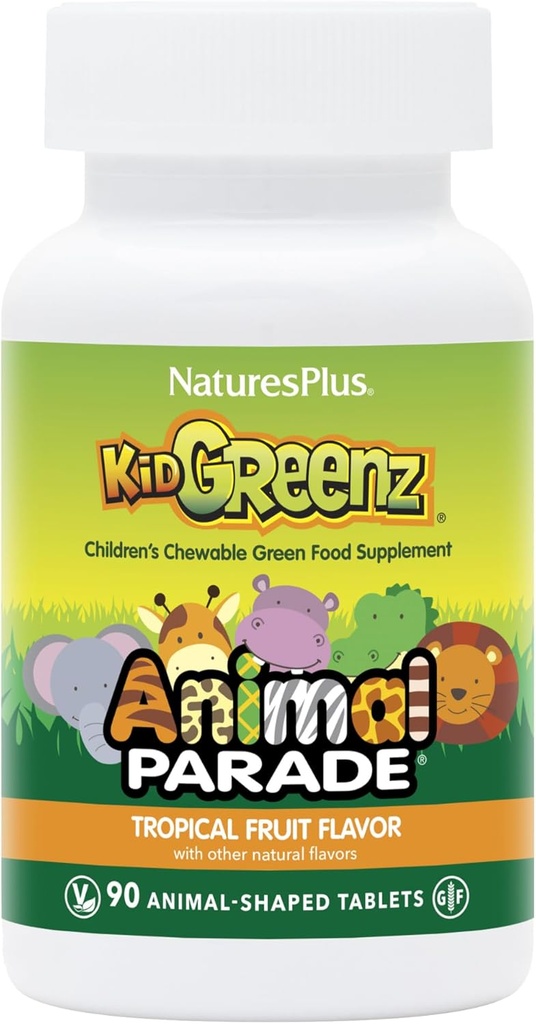 NaturesPlus Animal Parade KidGreenz, Tropical Fruit Flavor - 90 Animal-Shaped, Kautabletten - Paket von 2 - mit Broccoli & Spinat - Vegetarisch, Glutenfrei - 180 Gesamt Servierungen