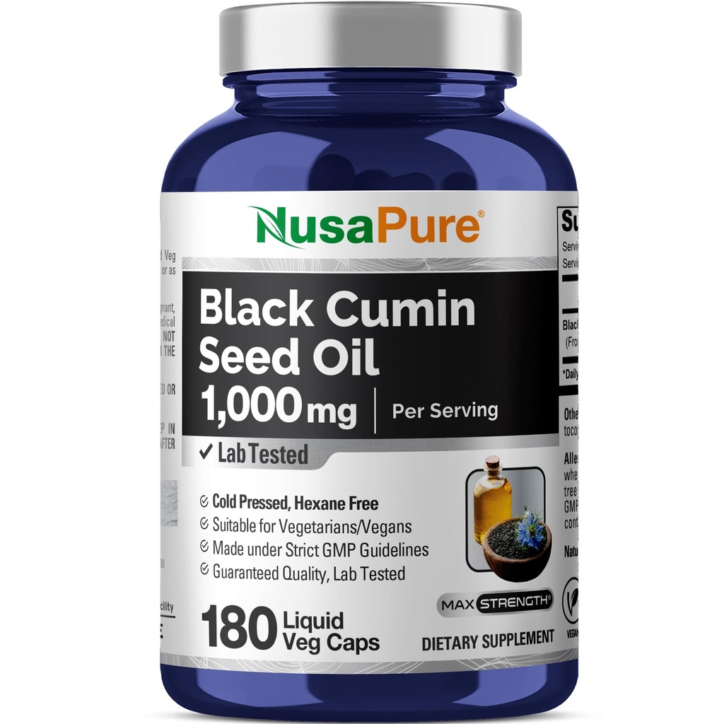 NusaPure Black Seed Oil 1000 mg pro Servierung 180 Softgel Kapseln (Non-GMO, Vegetarisch) Kaltgepresste Jungfrau Nigella Sativa. Hexan frei