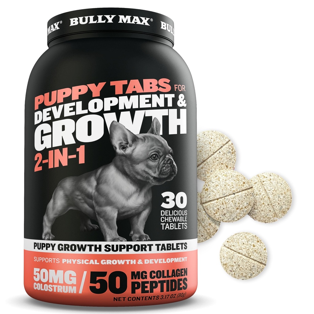 Bully Max 2-in-1 Welpen-Vitamine - 30 Kautabletten für Entwicklung und Wachstum von Welpen - Hundebäume, Vitamin & Nahrungsergänzungsmittel für kleine Hunde & große Zucht-Pups - Kann als Lebensmittel-Topper verwendet werden