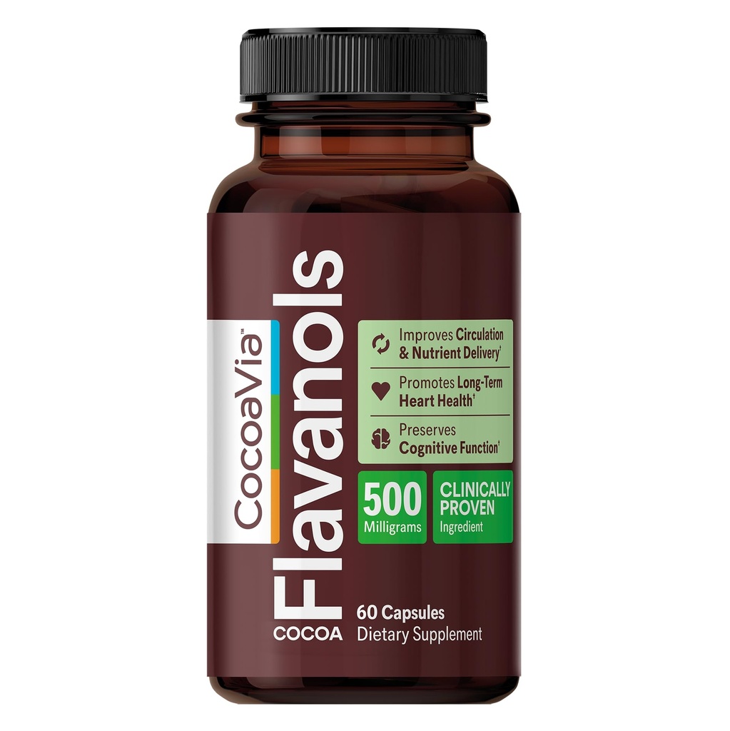 Supplément santé CocoaVia Cardio, 30 Jours, 500mg Cocoa Flavanols, Soutien santé cardiaque, Boost Oxyde nitrique, Circulation sanguine, Énergie, Vegan, Chocolat noir, 60 Capsules