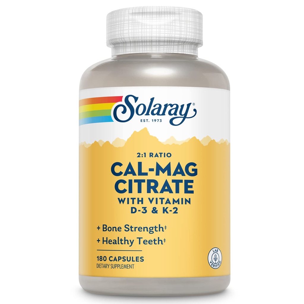 SOLARAY Calcium Magnesium Citrat w/Vitamin D3 K2 - Kalziumergänzungsmittel für Damen und Herren - Knochen und Herz-Gesundheit Unterstützung - Cal Mag 2:1 Ratio, Plus Vitamin D 3 und K2, 60-Tag Garantie, 30 Servierungen