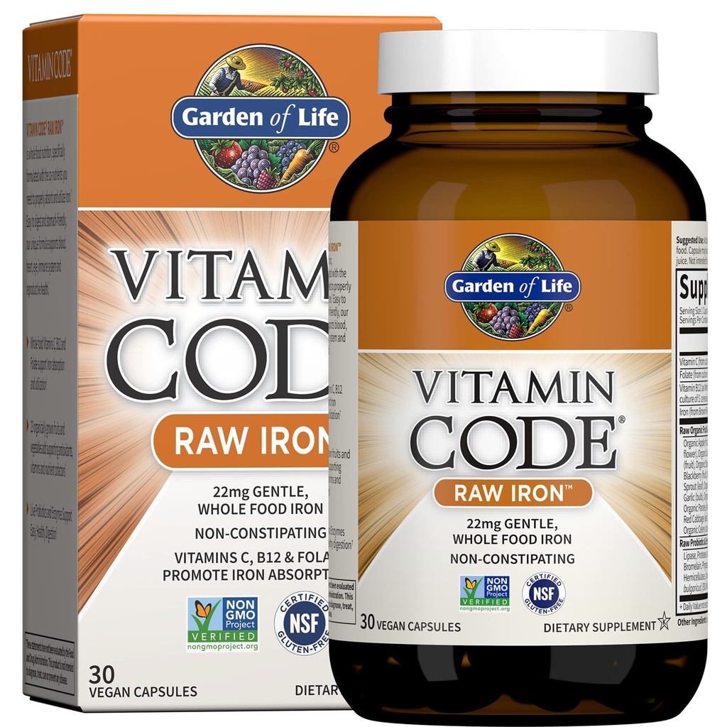 Garden of Life Vitamine Code Raw Iron Supplement - 30 Capsules Vegan, 22mg Une fois par jour Fer, Vitamines C, B12, Folate, Fruits, Veggies & Probiotiques, Suppléments de fer pour les femmes, Soutien énergétique et anémie