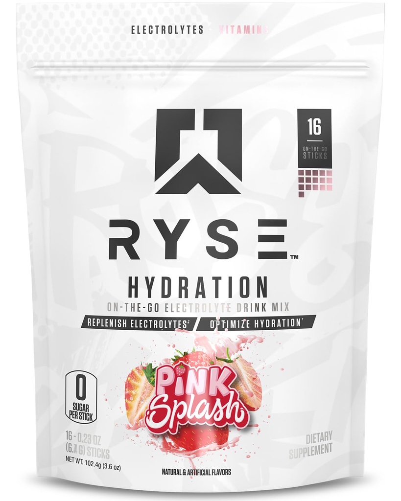RYSE Hydration Elektrolyt Pulver Getränke Mix Packets - Pink Splash - Sugar-Free Full Spectrum Elektrolyte mit essentiellen Vitaminen, Taurine und Choline für Rehydration - 16 Serviersticks
