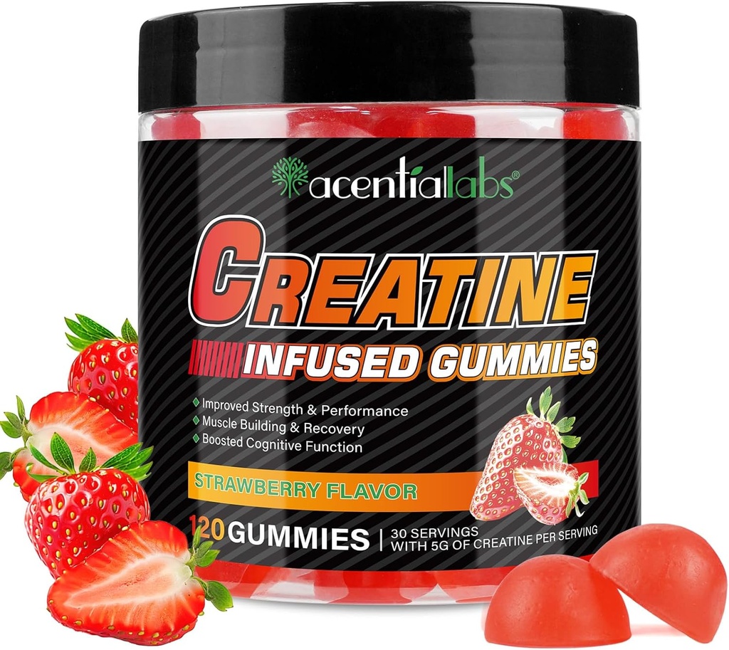 Créatine Monohydrate Gommies 5000mg pour les hommes et les femmes, Créatine Monohydrate, L-Taurine, Vitamine B12 pour la croissance musculaire, la force, la concentration, l'énergie et la santé, sans sucre, végétalien, goût de fraise, 120 comte