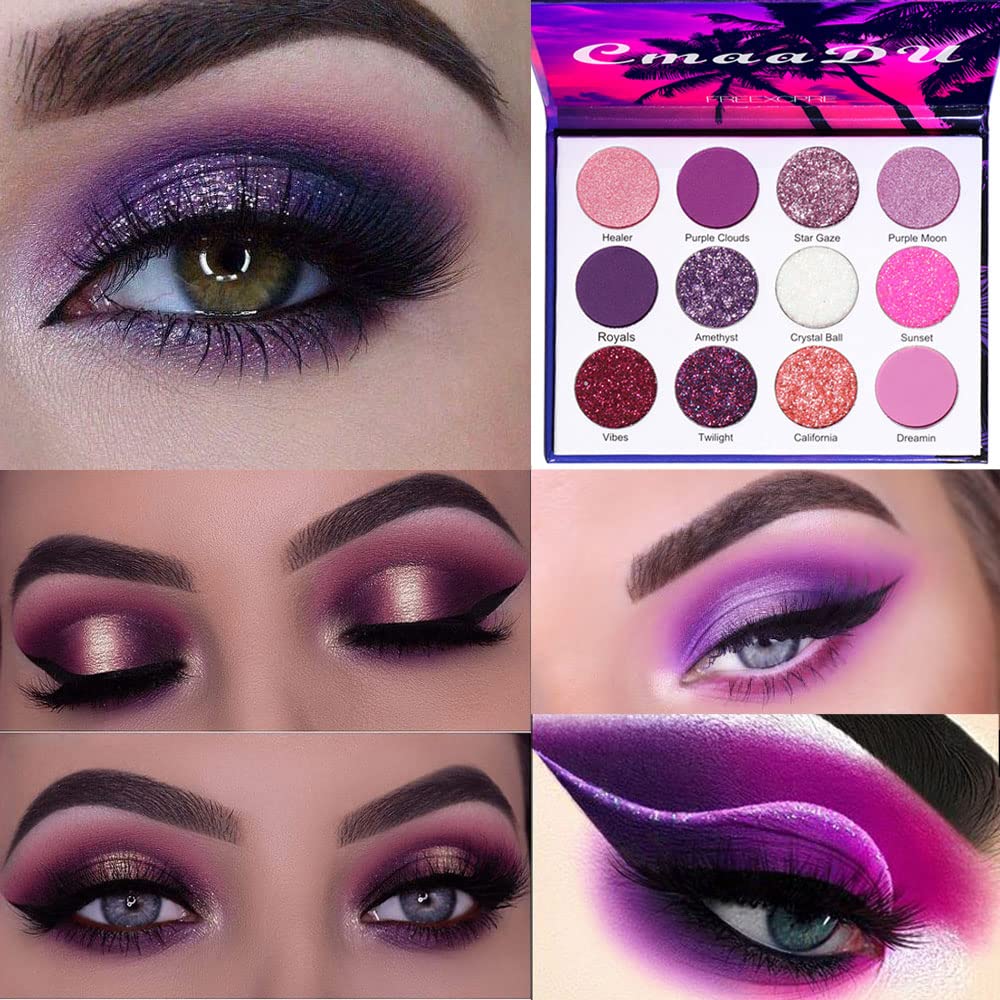 BINGBRUSH 12 Farben Glitter Purple Pink Günstige Eyeshadow Makeup Palette,Bright High Pigmented Metallic Shimmer Rainbow Bunt gedrückt Augenschatten Make-up Set für Mädchen