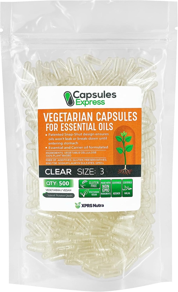 XPRS Nutra Größe 3 Leere Vegan Kapseln - 500 Count klar Veggie Kapseln für die meisten ätherischen Öle - Leere Gemüse Pillen - DIY Öl Füllung