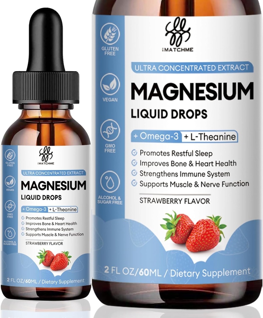 iMATCHME Magnesium Glycinate Liquid Drop with Citrate, Oxide and Taurate, Calm Magnesium with Omega3, L-Theanine, D3, B6, B12 for Calm, Sleep, Leg Cramps, Muscles, Energy, Sugar-Free Strawberry Flavor