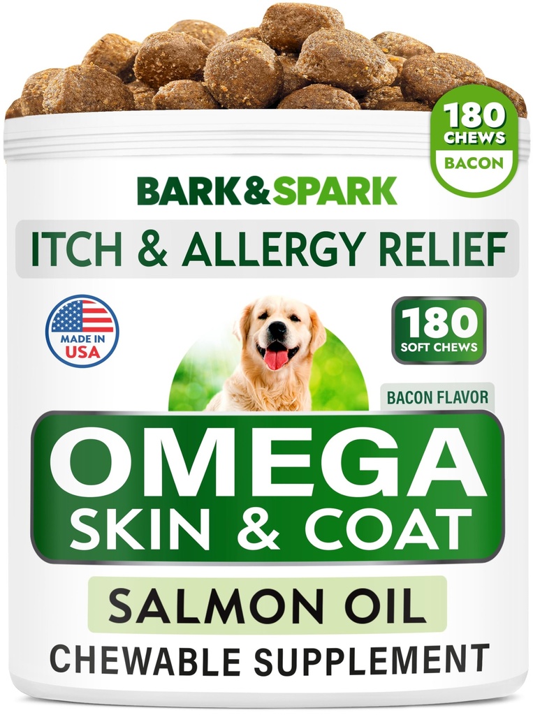 Oméga 3 pour les chiens et les chats - 180 Treats à l'huile de poisson pour le défrichage des chiens, l'allergie cutanée, le soulagement des démangeaisons, le traitement des taches chaudes - Santé articulaire - Supplément de peau et de manteau - ADP et ADH Acides gras - Huile de saumon - Bacon