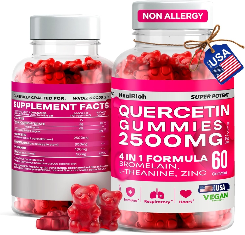 Quercetin Gummies - 2500MG Quercetin mit Bromelain L-Theanin & Zink - Reine Ergänzung für Immunsystem Lung und Allergie Unterstützung - Immunität Booster Vegan Ergänzungen für Kinder & Erwachsene - Made in US