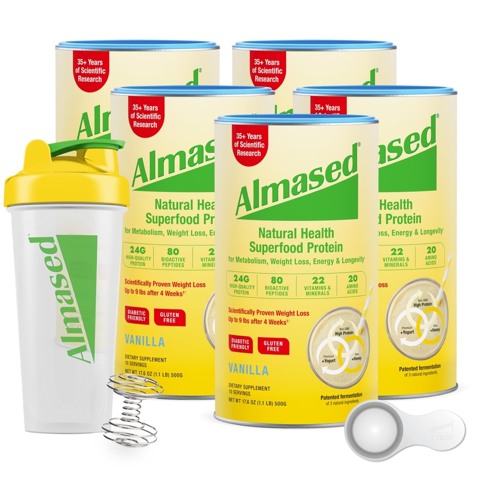 Almased | High Protein Shakes | Meal Replacement Shake | Meal Replacement Powder for Weight Loss with Shaker Bottle (Vanilla Flavor, 5 Cans of 17.6 oz + Scoop)