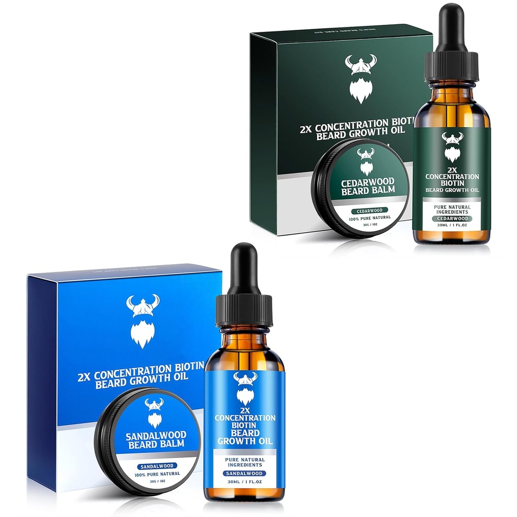 Huile de croissance de barbe de bois de santal avec concentration 2X Biotine pour les hommes et l'huile de croissance de barbe de bois de cèdre avec concentration 2X Biotine pour les hommes, ingrédients naturels et épaississements