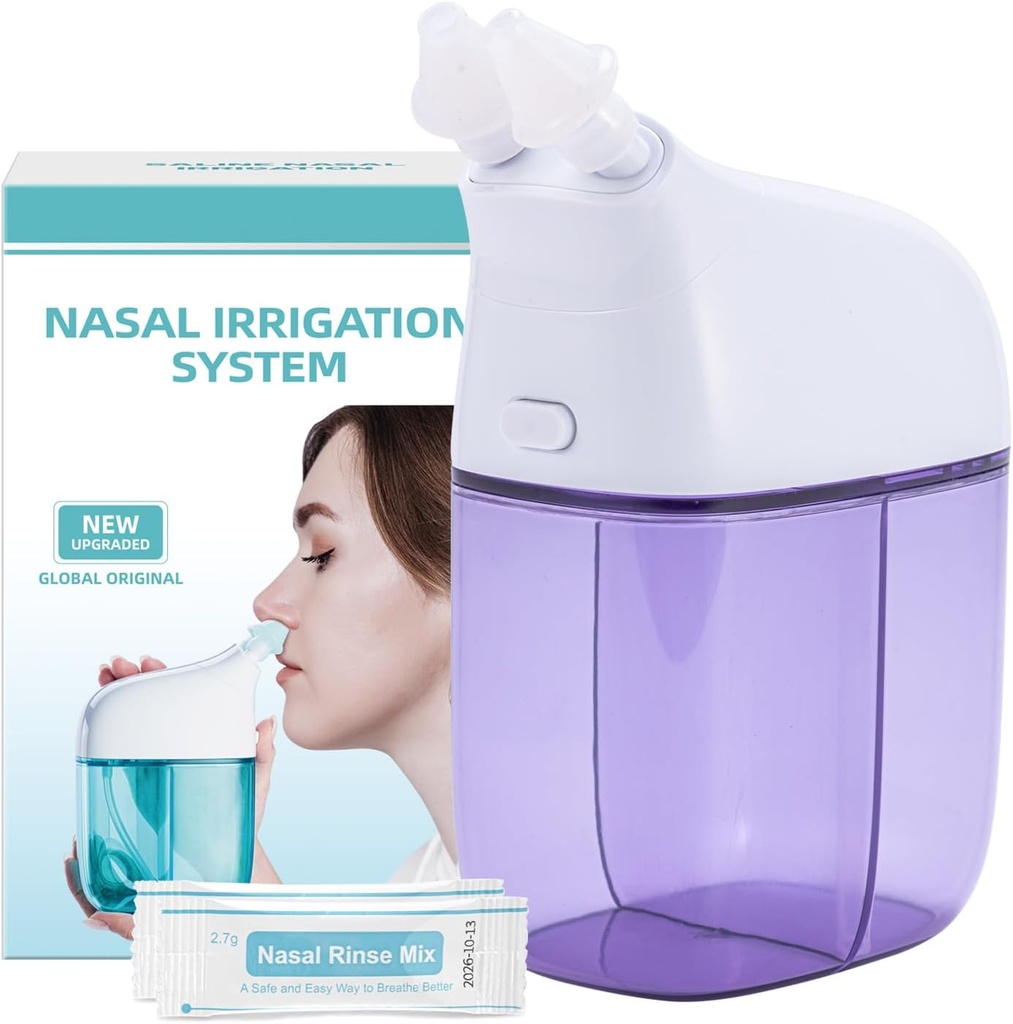 Système d'irrigation nasale avec 30 paquets salines, machine à rincer Sinus, machine à nettoyer Sinus Nez avec réservoir d'eau et réservoir de collecte des déchets - Violet