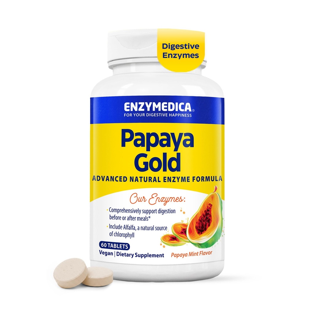 Enzymedica Papaya Gold, Fortgeschrittene Verdauungsenzyme mit natürlichen organischen Papaya & Chlorophyll für umfassende Verdauungsunterstützung, Hochpotenz Bromelain & Papain, Vegan, Minze, 60 Chewable Tablets