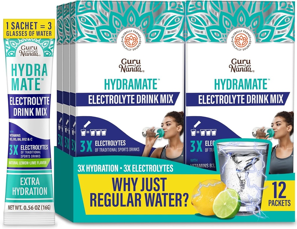 GuruNanda Hydramate Hydration Support Drink Mix - Elektrolyt-Pulver-Packets für Dehydratation, Übung & Energie - No Added Sweeteners, Non-GMO, Natural Lemon Lime Flavor - 12 Count (0.56 oz Jeder)