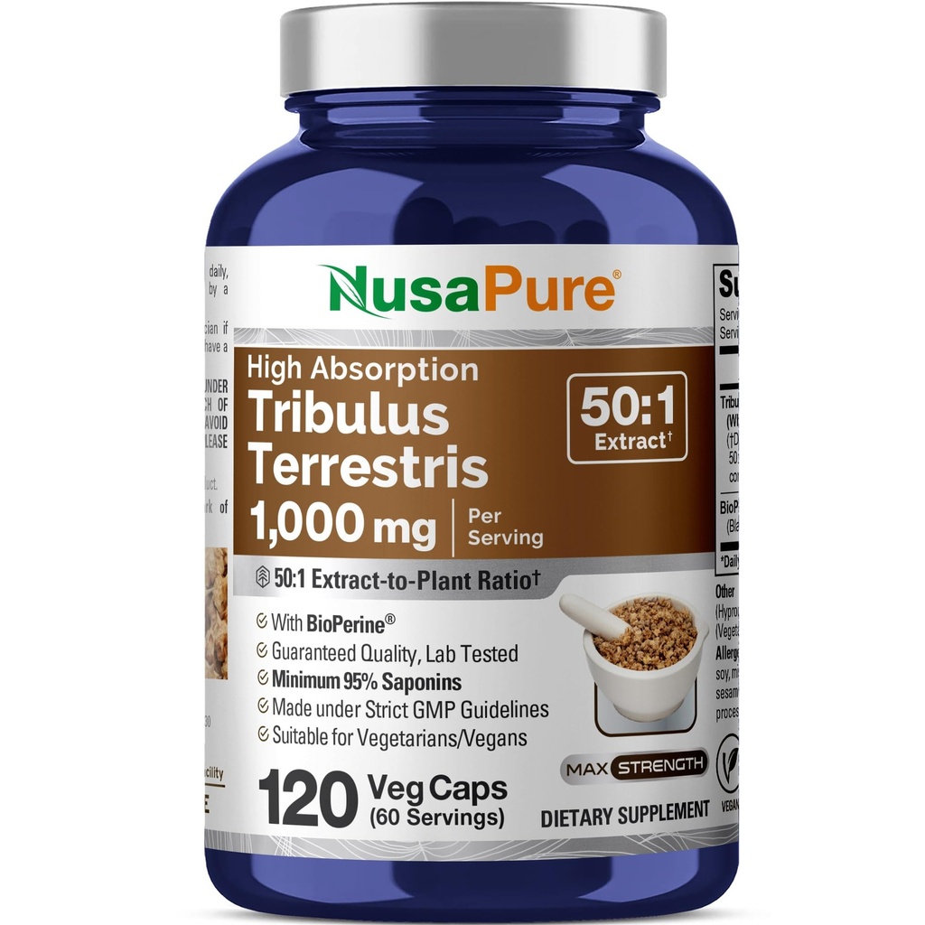 NusaPure Tribulus Terrestris 50:1 Extrakt, 1000 mg Äquivalent zu 50.000mg| 120 Veggie Caps | 95% Steroidal Saponins | Non-GMO, Bioperine