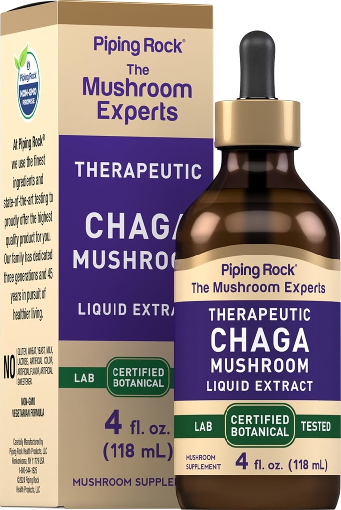 Piping Rock Chaga Mushroom Liquid Extract | 4 Fl Oz | Alkoholfrei, Vegetarische Tinktur | Non-GMO, Glutenfreie Ergänzung