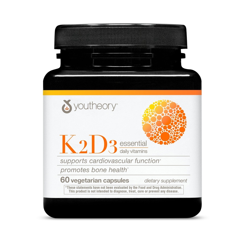 Youtheory K2D3 - Knochen- und Herzgesundheitsunterstützung - Kombiniert Vitamin D3 & Vitamin K2 - Milch, Soja & Glutenfrei - 60 vegetarische Kapseln