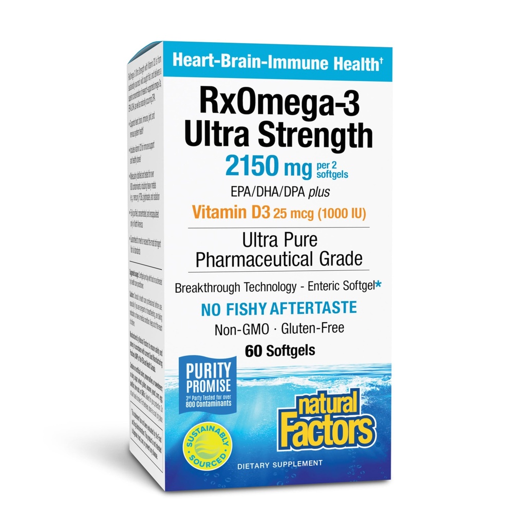 Facteurs naturels RxOmega-3 Ultra Strength - Supplément diététique pour la santé du cerveau et du coeur - Supplément santé oculaire avec EPA et DHA - Supplément avec acides gras oméga-3 - 60 Softgels (30 portions)