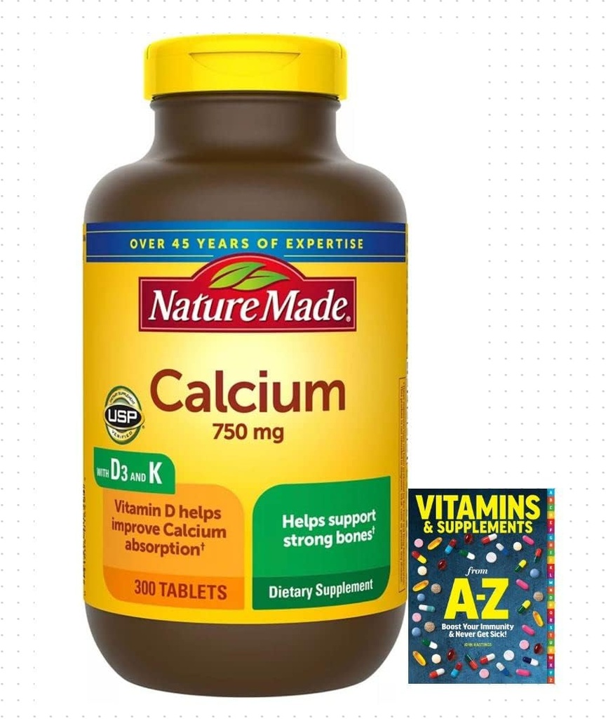 Adventure Home Kalzium 750 mg mit Vitamin D3 und K, Nahrungsergänzung für Knochenunterstützung, 300 Tabletten + Bessere Anleitung Vitamine Ergänzungen Buch kostenlos