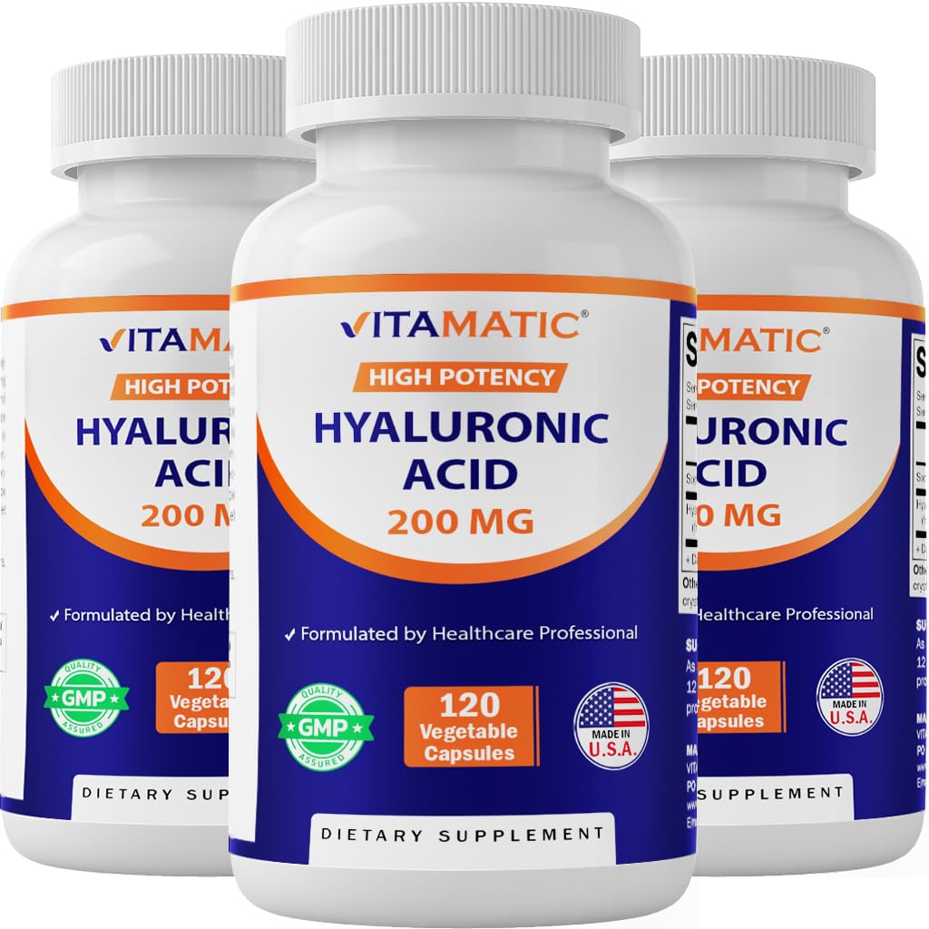 Vitamatic 3 Pack Hyaluronsäure-Ergänzungen 200mg - Unterstützt gesundes Bindegewebe und Gelenke - Förderung jugendlicher gesünder Haut - Insgesamt 360 Kapseln