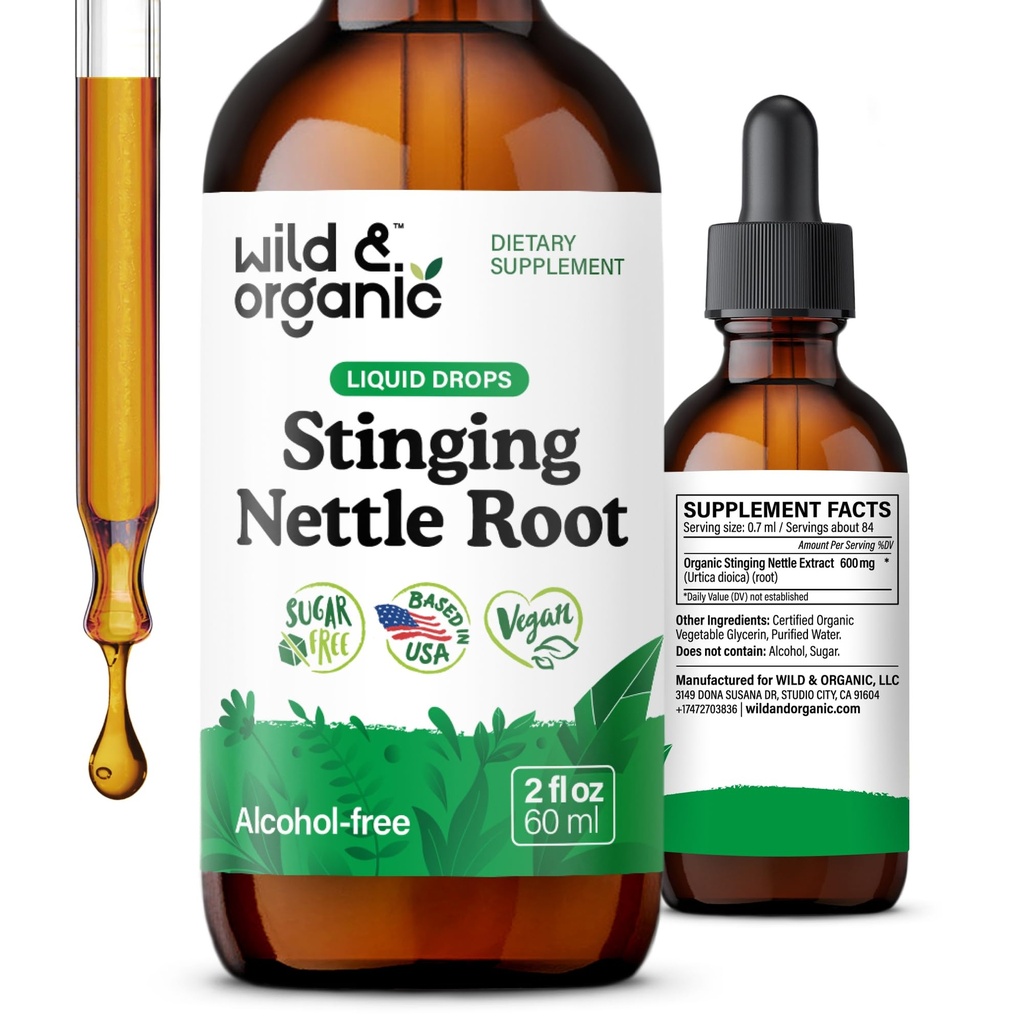 Wild & Organic Stinging Nettle Root Drops - Stinging Nettle Extract Tincture für Herren & Frauen - Liquid Urtica Dioica Supplement - Vegan, Zucker & Alkoholfrei - 2 fl oz