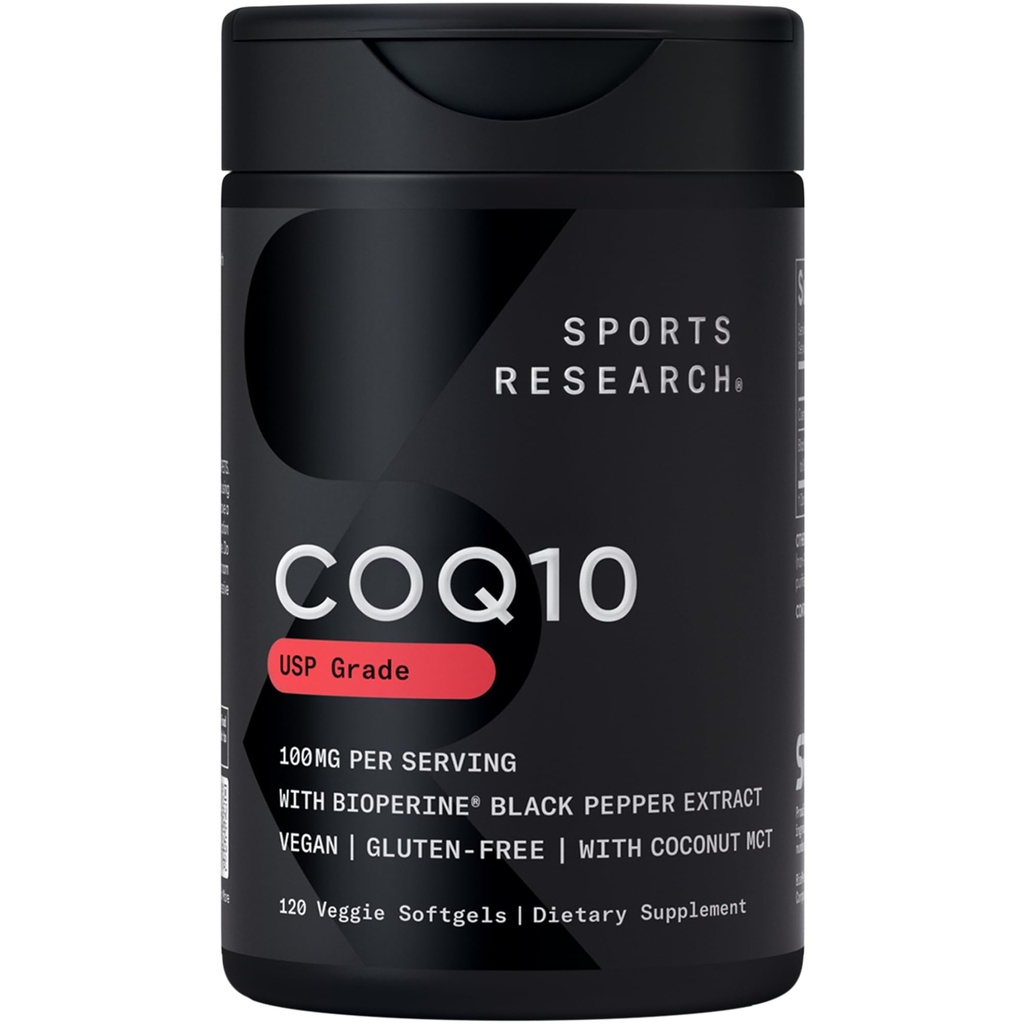 Recherche sportive CoQ10 (100mg) Amélioration de l'huile de noix de coco et de bioperine (poivre noir) pour une meilleure absorption.